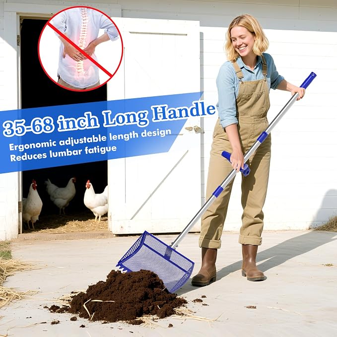 Chicken Poop Scooper Rake 2-in-1,304 Stainless Steel Shovel Head, Chicken Litter Scoop with Handle for Chicken Coop for Sand, Pet Waste Cleaning, Litter Sifting Shovel (35 to 65") (Blue, 12inch)