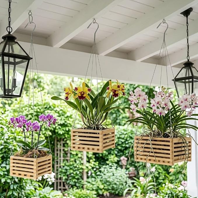 Wooden Orchid Baskets with Hangers for Ferns & Vandas, 6", 8" & 10" Square Wood Hanging Planter Set for Patio, Balcony Decor, Garden Flower Pots for Indoor Outdoor Plants, 3 Pack