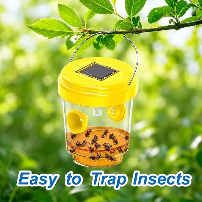 Wasp Traps Outdoor Hanging, Solar Bee Trap for Outside, Reusable Solar Powered Hornet Traps, Bee Wasp Catcher Outside Garden 4 Packs