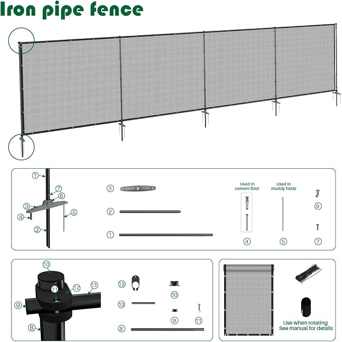 5'Hx11'10" W Outdoor Freestanding Privacy Screen Fence Panels with Iron Poles, Mesh Shade Net Cover Temporary Fencing for Patio Backyard Garden Deck, Light Gray