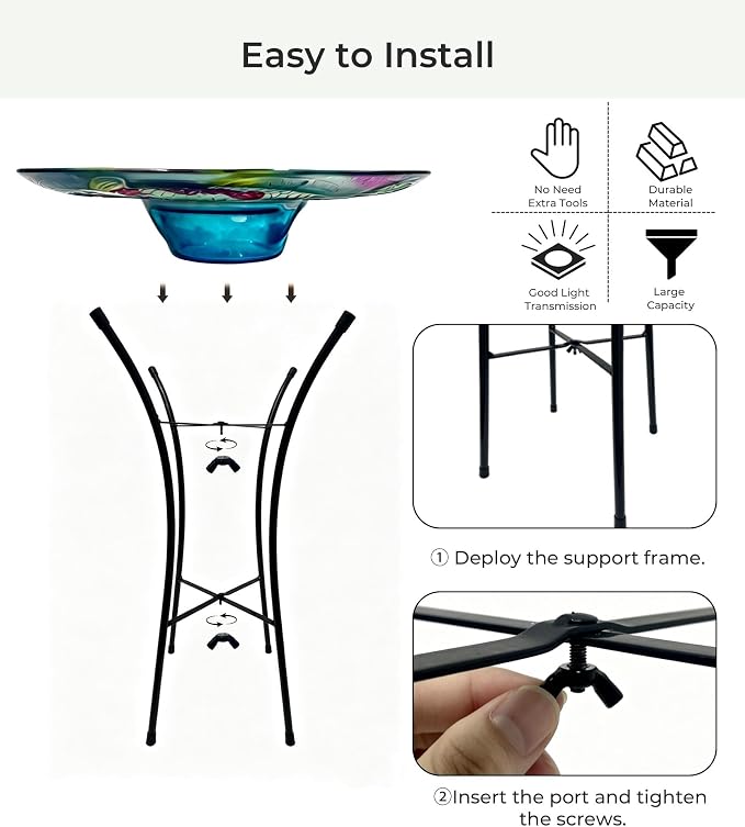 Bird Bath with Stand for Outside, Fits Solar Fountain Pump, Glass Birdbath Bowl for Garden Yard, Koi Design, Decorative Indoor Outdoor, Easy Clean, 21" H
