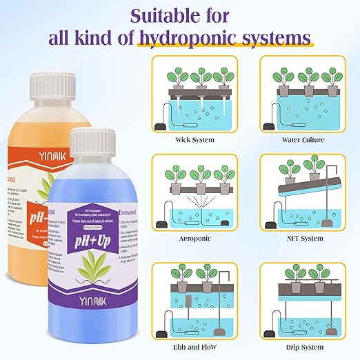 YINMIK General Hydroponics pH Up Down Liquid, pH Control kit Adjust pH Levels, 500ml Premium Buffering Solution for pH Stability,Suit for All Hydroponics Systems, Both for Soil and Water