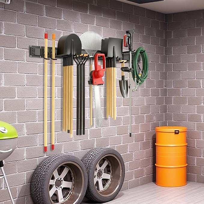 Garvee 64 Inch Garage Tool Organizer Wall Mount, Heavy Duty Garden Tool Storage Organization with 12 Adjustable Hooks, 16 Pack Yard shed Tool Organizer System for Shovel Rake Broom Ladders