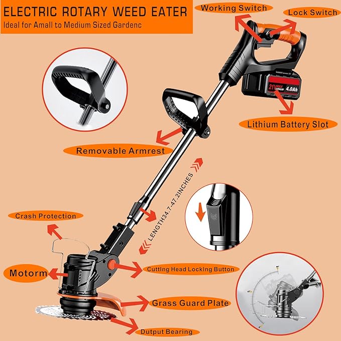 21V Cordless Weed Wacker, Electric Weed Eater Brush Cutter Lawn Edger - 3.9 lbs Lightweight Weed Trimmer with 3 Types Blades, Adjustable Height & Cutting Angle for Yard Garden Lawn Care