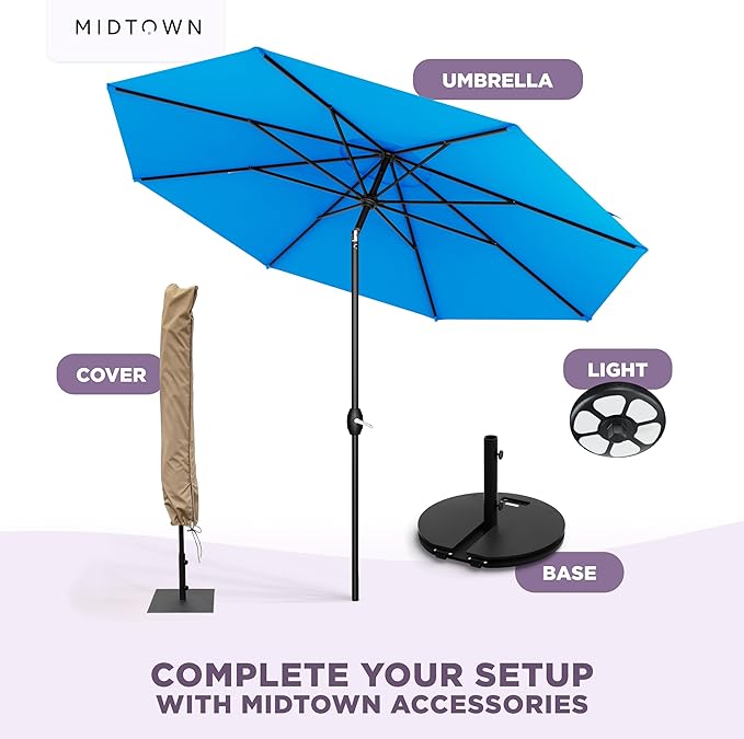 Midtown Umbrellas - 10-Year-No-Fade 9 Ft Patio Umbrella with Terylast Fabric, Auto-Tilt Aluminum Frame and 8 Reinforced Ribs for Deck, Pool, Garden & Beach - Cobalt Blue Canopy, Black Pole