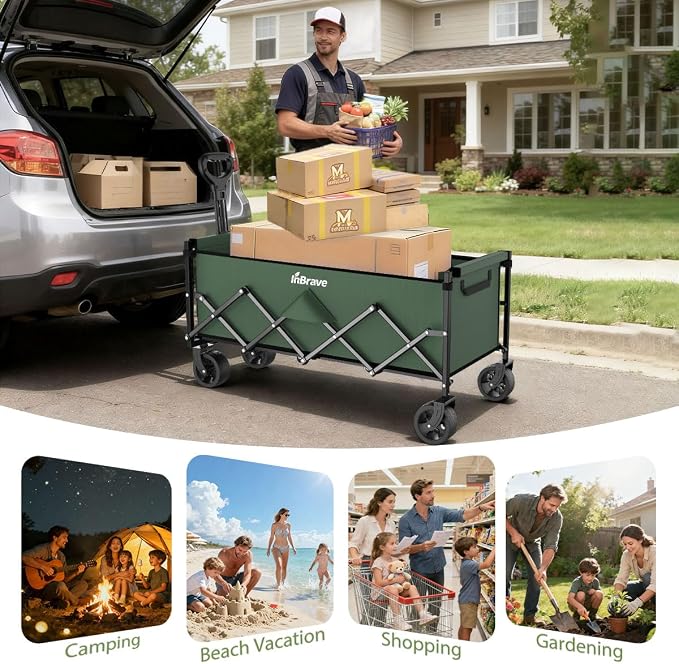 Extra Long Collapsible Wagon Cart, 480LBS Heavy Duty Utility Wagons with All-Terrain Wheels, Foldable Grocery Carts for Gardening, Shopping, Beach, Camping, Army Green