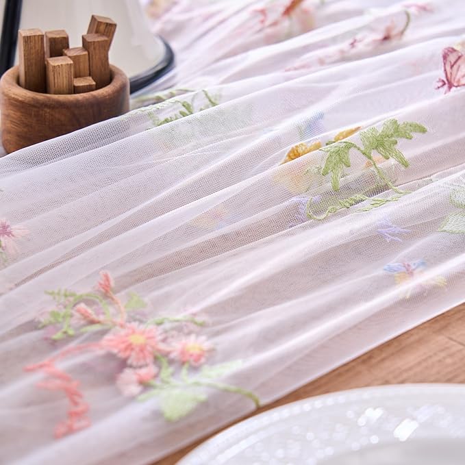 vctops 2 Packs Embroidery Lace Spring Table Runner 10ft Floral Garden Seasonal Tulle Table Runner Holiday Kitchen Dining Table Decoration for Wedding Party Baby Shower Birthday (White,30"x120")