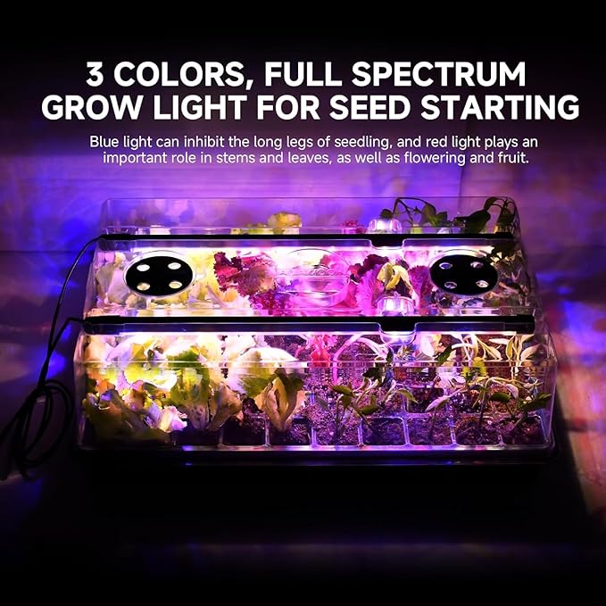 Seed Starter Tray with Grow Light and Thermostat Controller Heat Mat, 10"x 20.75" Heat Mats for Plant Growing,68-113°F Adjustable,Color Change Grow Lights,Germination Trays Kits (Green, 60 Cells)