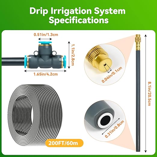 360°Adjustable Drip Irrigation System 200FT,5/16" Extra Long Garden Watering Kit with 32 Copper Nozzles,141Pcs Drip Irrigation Kit,Automatic Atomizing Plant Sprinkler for Large Yard, Greenhouse, Lawn