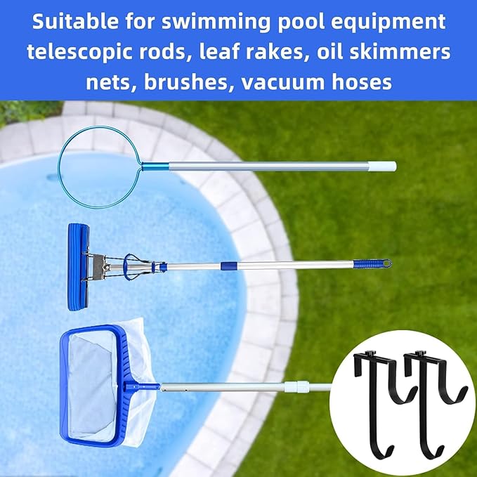 4 Pcs Double Pool Fence Hooks for Pool Equipment, Adjustable Pool Pole Hanger Holder, Rustproof Swimming Pools Skimmer Pole Hooks for Hanging Tool, Hose, Leaf Rakes, Nets Pool-Accessories (Black)