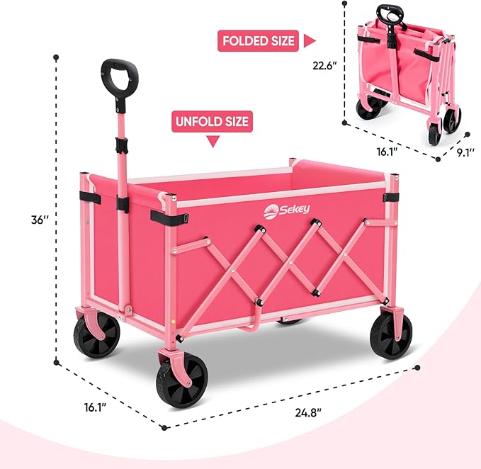 Sekey Wagon Cart with Wheels with 220LBS Capacity,Heavy Duty Wagon Carts Foldable,Lightweight Utility Portable Cart for Grocery, Shopping, Garden, Camping. Pink