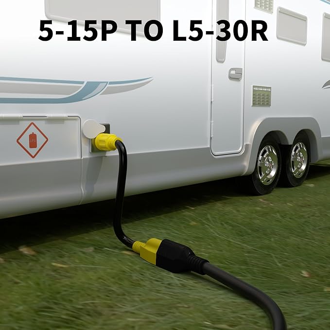 POWGRN 15 Amp to 30 Amp RV Generator Adapter Cord 1FT(12 Inch), NEMA 5-15 Male Plug to NEMA L5-30 Female Plug, 3 Prong Heavy Duty Power Cord, 10 Gauge STW, 15A 125V 1875W, Black-Yellow, ETL Listed