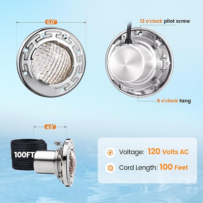 SURAIELEC 6 Inch Small LED Spa Light for Inground Pool, 120V AC 10W Underwater Pool Light, Cool White 6000K, Fits Pentair and Hayward Wet Niches, IP68 Waterproof, 100 FT Cord