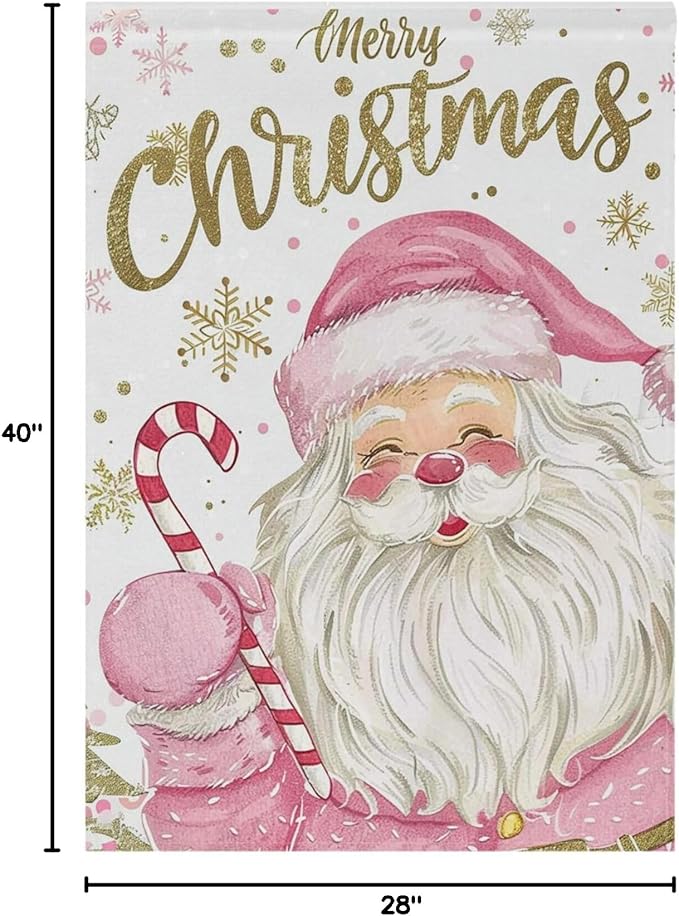 Pfrewn Christmas Winter House Flag 28x40 Double Sided Cute Sweet Santa Claus Golden Snowflakes Garden Yard Flags Welcome Winter Outdoor Indoor Banner for Party Home Merry Christmas Xmas Decorations