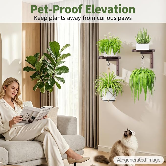 LASZOLA Plant Hangers Shelves Wall Mounted Indoor with Grow Lights, Metal Window Plant Holders, 2Pcs Modern Floating Flower Display Stand with 2 Hooks for Outdoor Kitchen Bathroom Decor, Bronze