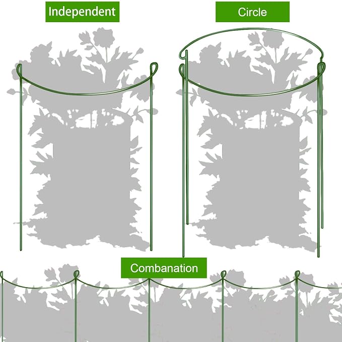 HiGift 8 Pack Plant Support Stakes, Half Round Metal Garden Plant Stake Indoor Peony Cages and Supports, Green Plant Support Ring Border for Tomato,Hydrangea,Flower Outdoor (10" Wide x 15.8" High)