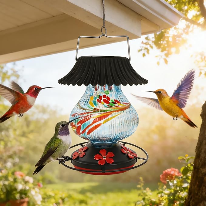 Solar Hummingbird Feeder-5 Feeding Ports with Perch, Hand Blown Glass Blue Tree Sea Color Changing-Never Leak, Multicolor Night Lights – Perfect Hummingbird Feeder for Outdoors for Nature Enthusiasts