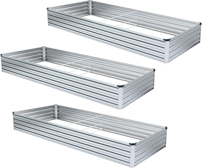 Meberam 3 Pack 6x3x1FT Galvanized Raised Garden Bed Kit, Outdoor Metal Planter Box for Vegetables, Bottomless Rectangular Gardening Bed with Support Rods, Tool-Free Assembly, Silver