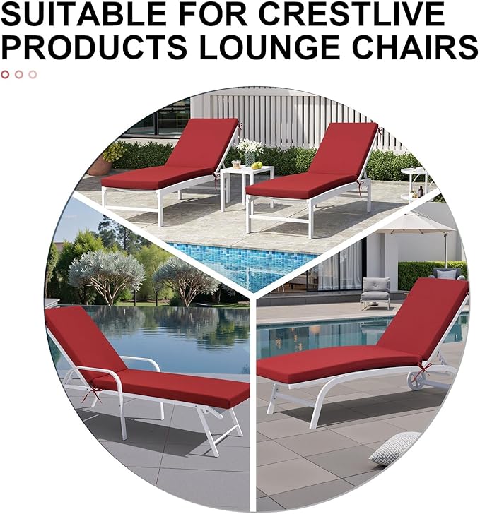 Crestlive Outdoor Chaise Lounge Cushions, Fade Resistant Water Resistant Lounge Chair Cushion, 72''L x 21''W, Set of 2, Chili