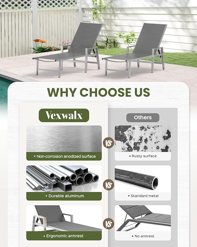 Vexwalx Patio Chaise Lounge Chair Outdoor with Wheels&Armrests, Aluminum Pool Lounge Chairs 5-Position Adjustable Recliner, Outdoor Beach Lounge Chairs for Poolside, Patio, Deck, Yard, Dark Gray
