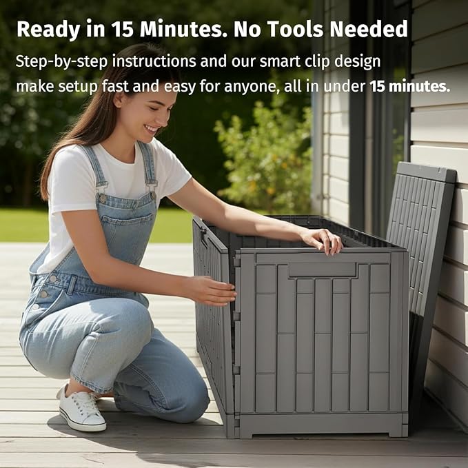 EAST OAK 2-Piece Outdoor Storage Box Set, 31 Gallon & 60 Gallon Waterproof UV-Resistant Resin Deck Boxes, Lockable Storage for Patio Cushions, Garden Tools, Pool Accessories, Grey