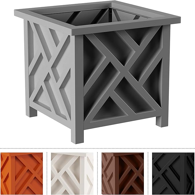 Lattice Design Outdoor Planter Box - 14.75” Square 13” Tall Gray Plant Pot - Decorative Plant Pots for Front Porch Decor - Flower Pots Outdoor Planters for Porch Patio or Garden Decor by Pure Garden
