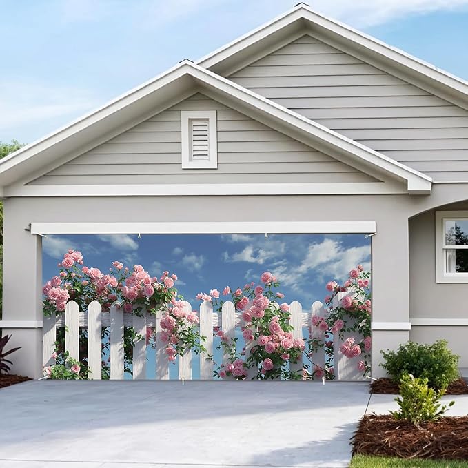 6 * 13FT Summer Garage Door Cover Decorations Rose Garage Door Banner for Outdoor Indoor Summer Party Photography Backdrop