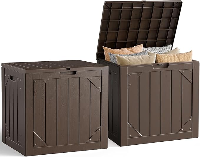 Outdoor Storage Box,30 Gallon Deck Box Outdoor Storage Bench Outside Waterproof Resin Storage Bench, Lockable Patio Cushions, Garden Tools Storage For Furniture, UV Resistant Brown