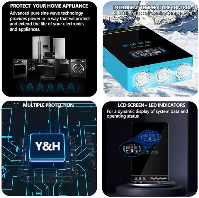 Y&H 4000W Hybrid Solar Inverter DC24V 120VAC Pure Sine Wave Output Battery-Free Starting, Built-in 140A MPPT Charger, 6.25" Touch LCD, UPS/Line/Battery Mode, for Off-Grid Home/RV/Energy Storage System
