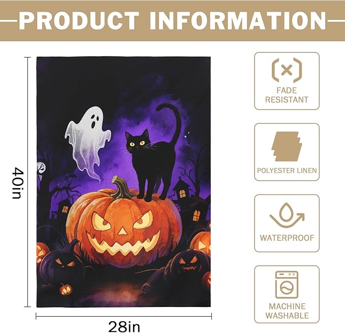 Halloween Pumpkin Ghost Black Cat House Flag 28x40 Inch Tree House Shadow Spooky Scary Holiday Decorative Garden Flags for Outside Double Sided Outdoor Home Farmhouse Decoration Yard Porch Decor