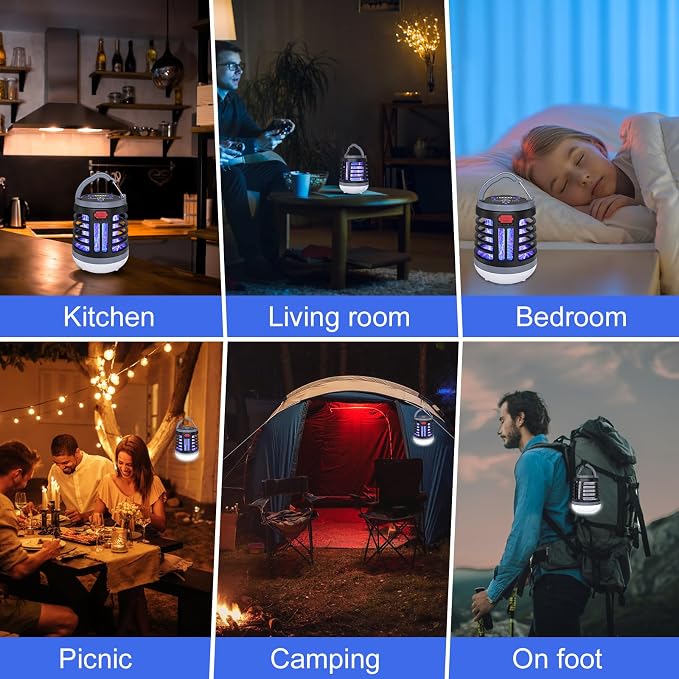 3 in 1 Indoor Bug Outdoor Mosquito Zappers, USB Rechargeable Mosquito Killer Portable Waterproof, LED Lantern Fly Zappers Camp Light Emergency Light for Home, Backyard, Camping Patio - 2 Pack