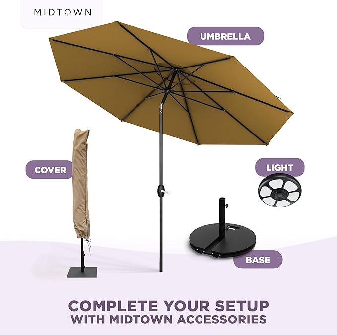 Midtown Umbrellas - 10-Year-No-Fade 9 Ft Patio Umbrella with Terylast Fabric, Auto-Tilt Aluminum Frame and 8 Reinforced Ribs for Deck, Pool, Garden & Beach - Sand Tan Canopy, Black Pole