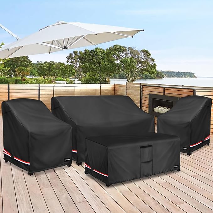 Rileytee Patio Furniture Set Covers,4 Pcs 600D Heavy Duty 100% Waterproof Outdoor Furniture Cover,Fit Patio Loveseat, Chair and Coffee Table (Black,Medium)