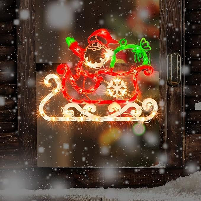 Christmas Window Silhouette Lights, Lighted Santa and Sleigh Double Sided Decorations with 50 Count Incandescent Mini Light for Holiday Indoor Wall Door Glass Decor