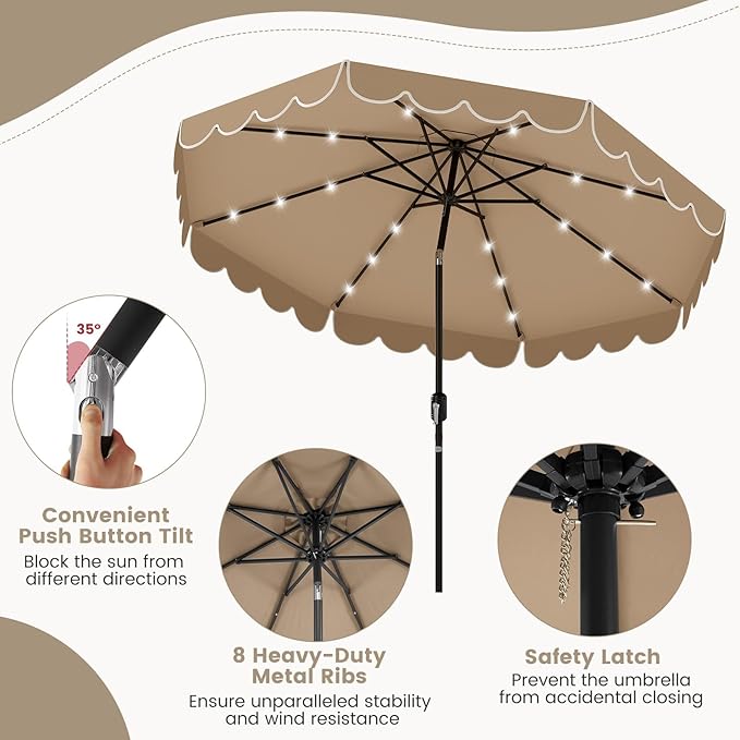 Tangkula 9 FT Solar Patio Umbrella, 2-Tiers Scalloped Outdoor Table Market Umbrella with 32 LED Lights, Vented Top, Tilt Adjustment, Crank, 8 Ribs for Backyard Poolside Deck Beach Lawn (Coffee)