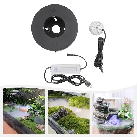3-Head Mist Maker with Waterproof Power Supply & Floating Device, Pool Pond Fogger for Outdoor Water Features, US Standard, Decorative Cooling for Homeowners