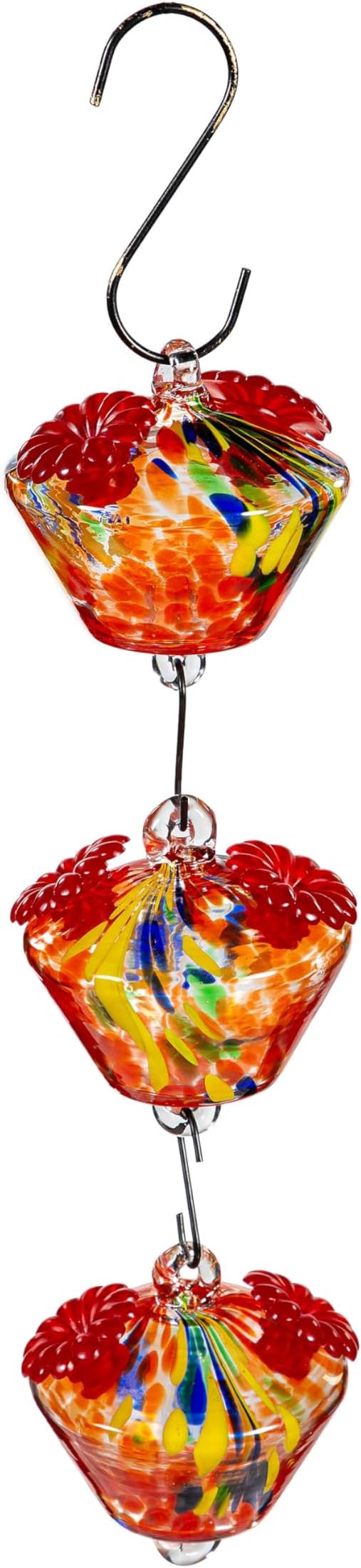Evergreen Garden Set of 3 Art Glass Hanging Chained Hummingbird Bird Feeder - Fade and Weather Resistant Indoor/Outdoor Decoration for Homes, Yards and Gardens (Yellow & Red)