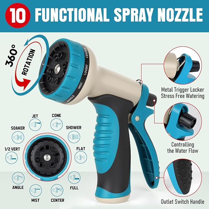 Heavy Duty Garden Hose 75 ft, NON-EXPANDABLE Water Hose with 10 Function Spray Nozzle, Lightweight Kink-less Hybrid Hose with Swivel Handle, Male to Female Fittings