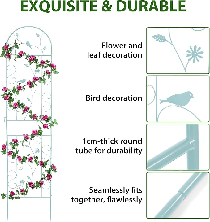 Metal Garden Trellis for Climbing Plants, 86.5" x 19.7" Metal Plant Trellis Outdoor, Green Iron Garden Trellis, Clematis Rrellis Outdoor, Arched Decoration Suitable for courtyards, lawns, Gard, Green