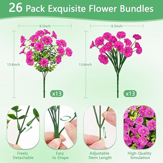 Yastouay Artificial Flowers for Outdoors, 26 Bundles Fake Outdoor Flowers, UV Resistant Artificial Plants & Flowers for Decoration, Fuchsia Realistic Morning Glory for Outdoor Porch Garden Decoration