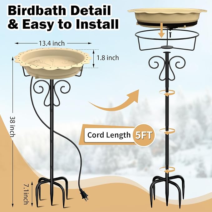 Heated Bird Bath for Outside Winter, Powerful 100W Thermostat Control Heated Bird Baths for Outdoors with 5-Prong Metal Stake, Heated Birdbath Water Heater for Garden Yard Patio Lawn (Khaki)