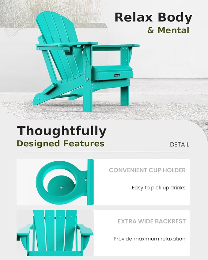 MUCHENGHY Folding Adirondack Chairs 2 Pack, Patio Chairs, Outdoor Chairs, Adirondack Chair Plastic, Fire Pit Chairs, Weather Resistant with Cup Holder for Deck, Backyard, Garden(Lake Blue)