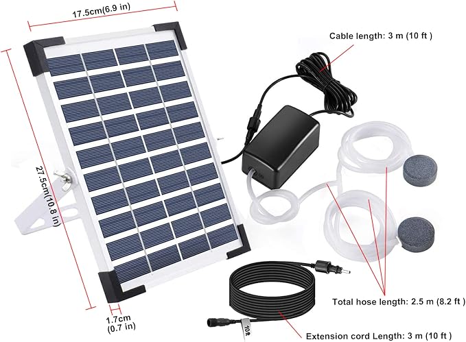 5W Battery Backup Solar Air Pump Bubbler for Koi Pond, 24-72 Hours Output, 20 ft Extension Cable, 3 Modes, 22.2GPH, Hose Bubble Stone, Solar Aerator Oxygenator for Backyard Hydroponic Tank