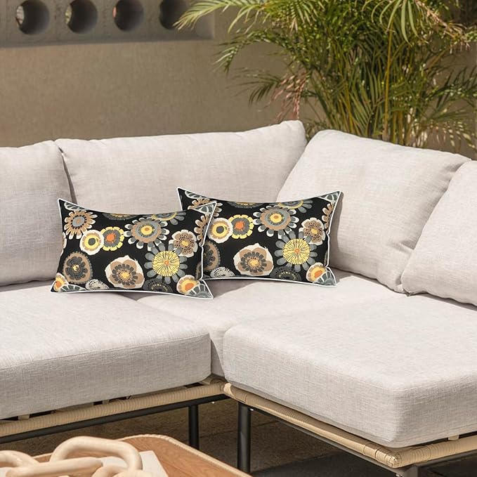 LVTXIII 2 Pack Outdoor Lumbar Pillow Covers 12x20 Inch with Piping, Water-Repellent Back Cushion Covers ONLY for Patio Furniture, Sofa, Garden Bench, Black Yellow Crosby