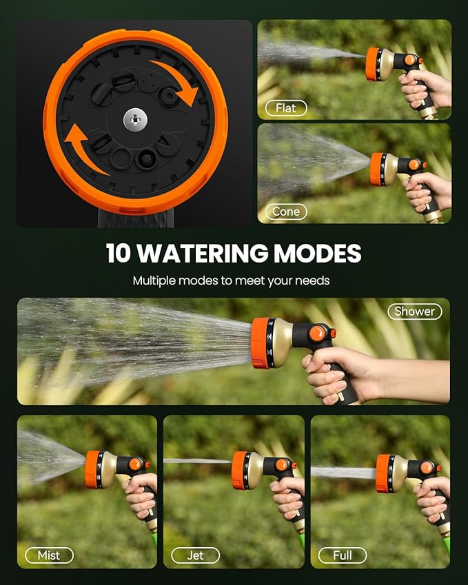 RAINPOINT Garden Hose Nozzle Heavy Duty - 100% Metal Thumb Control Spray Nozzles for Garden Hose High Pressure, 10 Patterns Water Hose Nozzle for Car Wash, Watering Lawn and Pets, Orange
