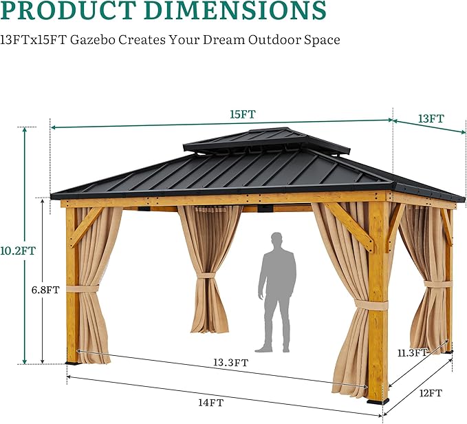 YITAHOME 13x15ft Wood Gazebo Outdoor Wooden Frame Double Roof Hardtop Galvanized Steel Top Canopy w/Curtain and Netting, Patio Heavy Duty Gazebo for Deck, Backyard, Beige Yellow