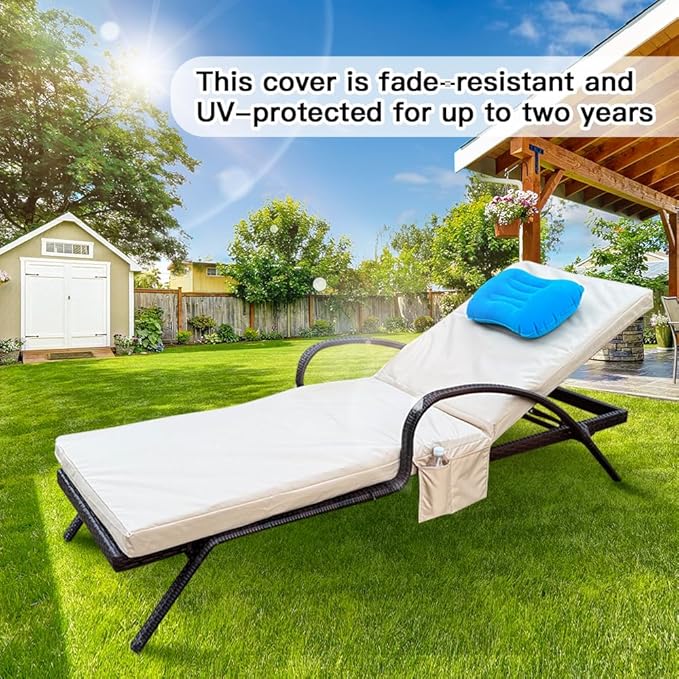 Replacement Covers for Outdoor Chaise Lounge Cushions, 80 x 26 x 3 Inch Patio Lounge Chair Cushion Covers–Waterproof, Fade-Resistant, with 2 Pockets & Inflatable Headrest (Cover Only) Khaki