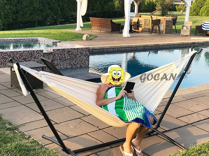 GOCAN Brazilian Double Hammock 2 Person 330X150cm Load 500Pound Cotton Hammock for Patio Porch Garden Backyard Lounging Outdoor and Indoor (Beige)