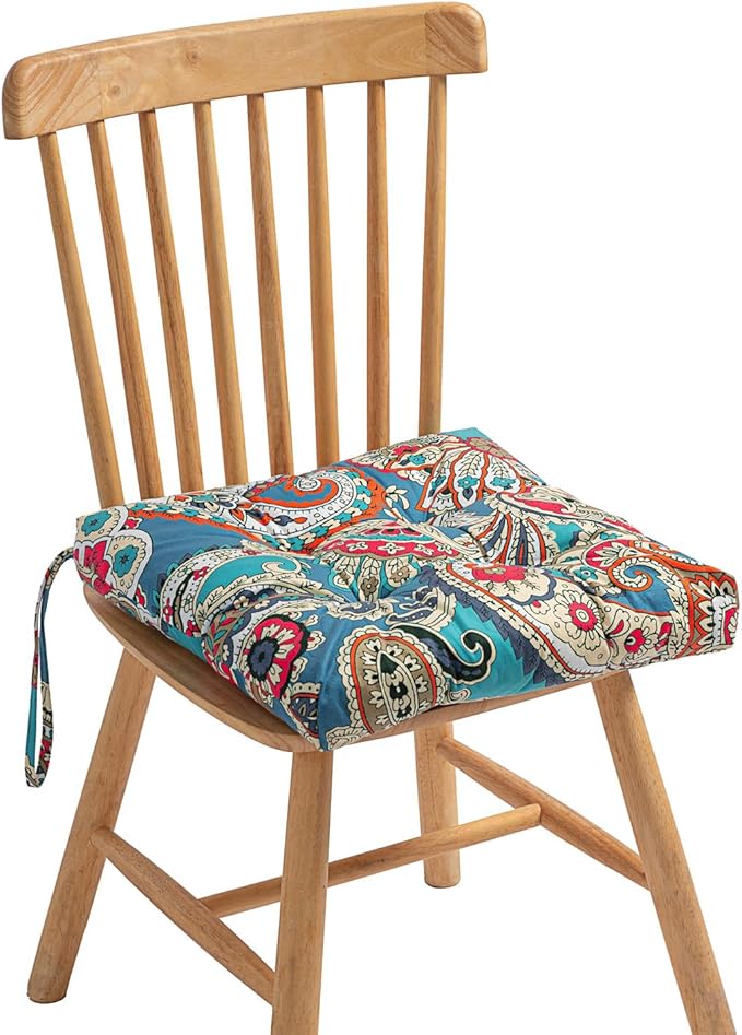 2-Pack Outdoor/Indoor Wicker Patio Seat Cushion Pad with Ties - Dining Chair Cushion, 17" x 17" (Blue Trumpet Flowers)