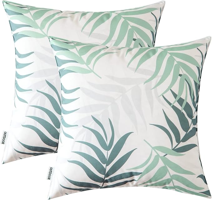 MIULEE Pack of 2 Decorative Outdoor Waterproof Throw Pillow Covers Patio Pillow Cases Natural Leaves Pattern Spring Square Cushion Shams Shell for Garden Balcony Couch 20x20 Inch, Greyish Green